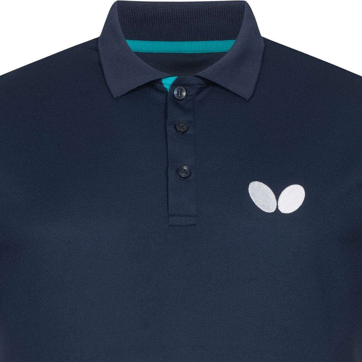 Butterfly Puren Shirt: Close-up of left chest Butterfly Logo of Blue Shirt